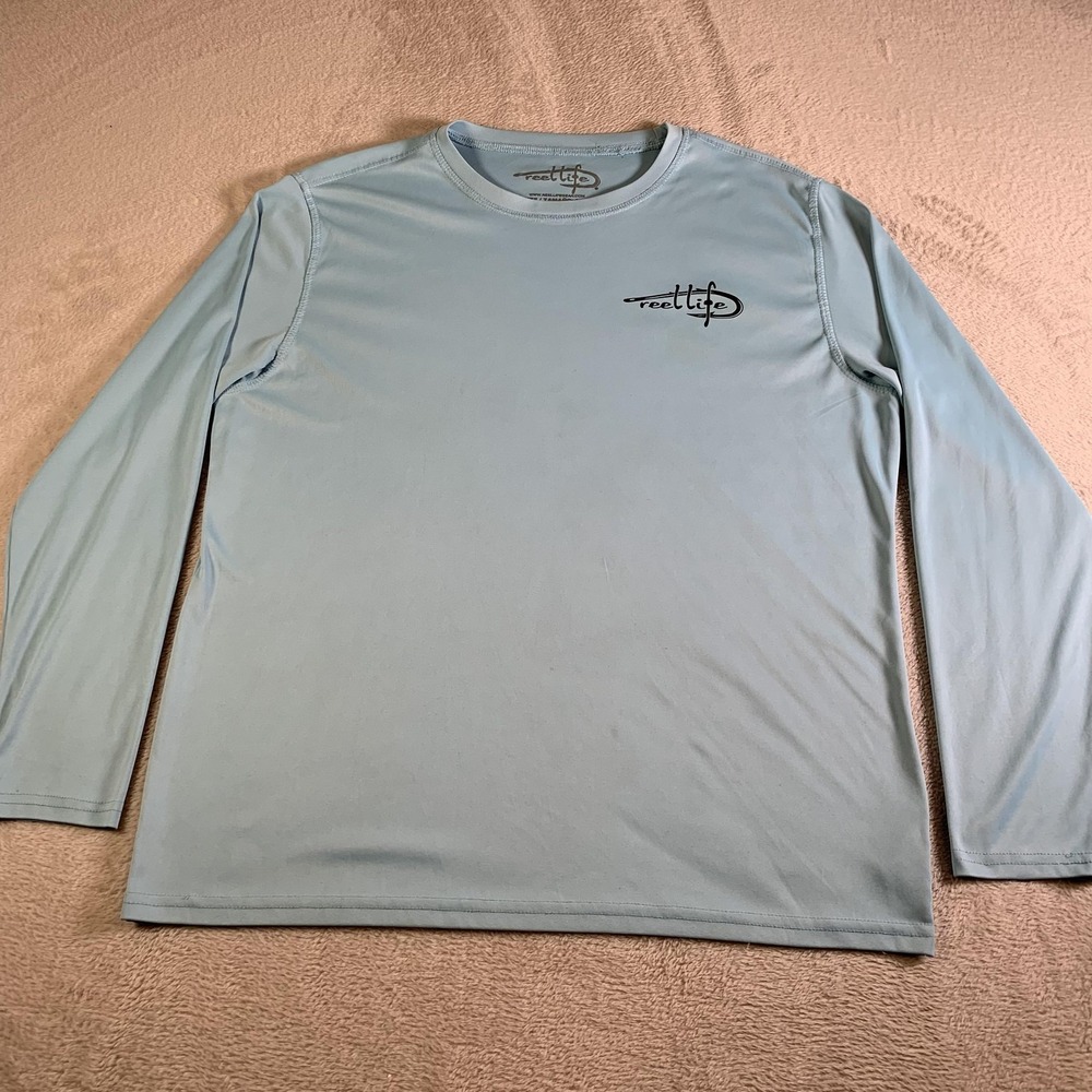 Reel Life Shirt Mens Large Blue Long Sleeve Raised On Water Fishing Sun Tee FLAW